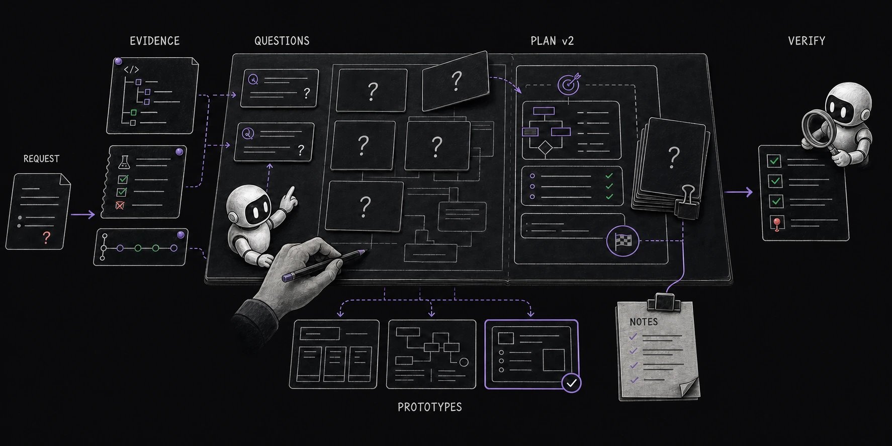 A human and two coding-agent robots uncover an AI coding plan by connecting repository evidence and interview questions to three prototypes, implementation notes, a revised plan, and independent verification.