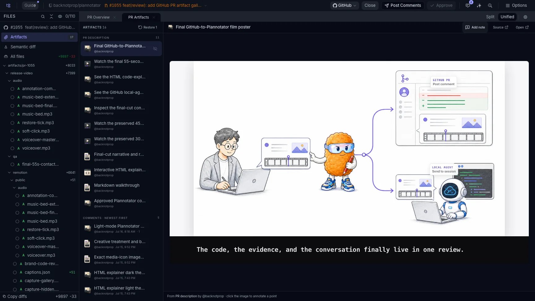 Plannotator showing the control used to hide a reviewed pull request artifact and restore hidden artifacts later.