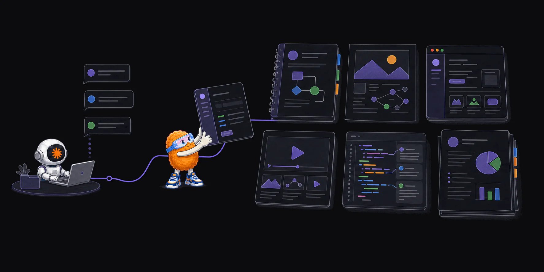 A generic AI agent turns a short chat into standalone plan, diagram, interactive prototype, video, code walkthrough, and report artifacts while Totman curates the finished work.