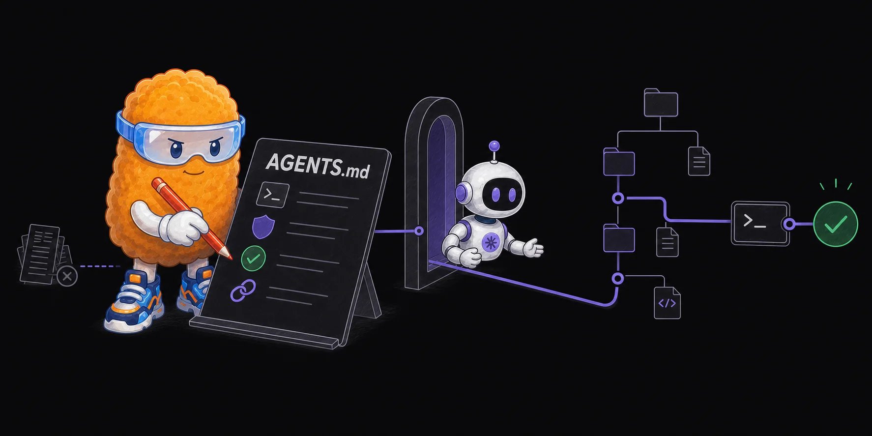 Totman writes a single AGENTS.md file containing commands, boundaries, verification, and documentation pointers before one coding agent carries its guidance through the repository and reaches a passing check.