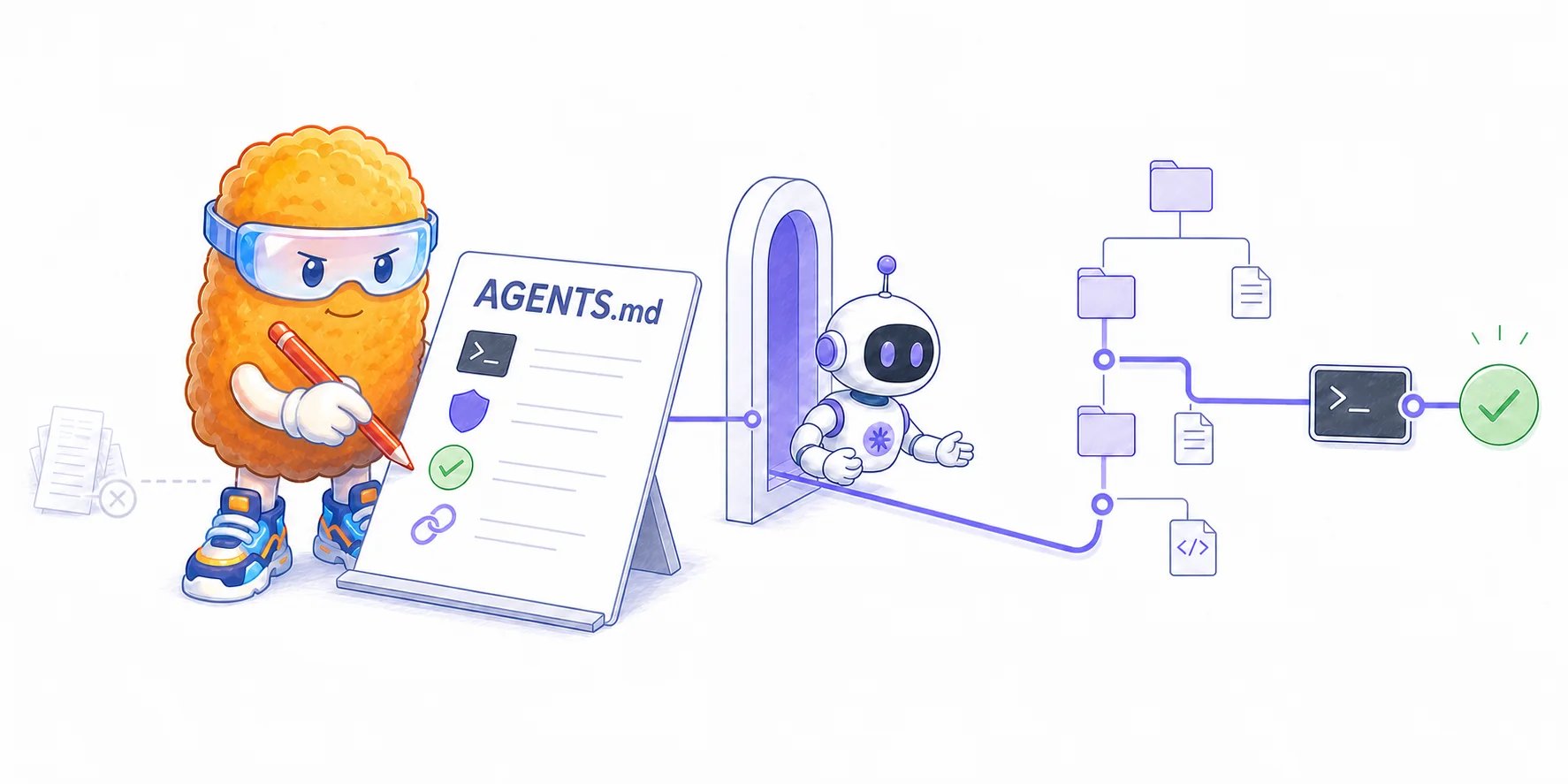 Totman writes a single AGENTS.md file containing commands, boundaries, verification, and documentation pointers before one coding agent carries its guidance through the repository and reaches a passing check.