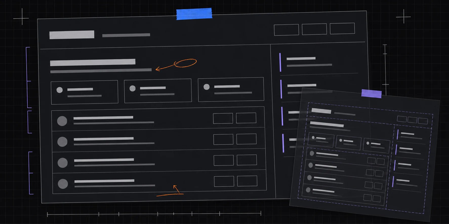A low-fidelity release-readiness wireframe fills the frame while an offset tracing-paper layer isolates its header, summary blocks, evidence rows, and reviewer notes column. Measurement marks and sparse review strokes show that the structure is under review.