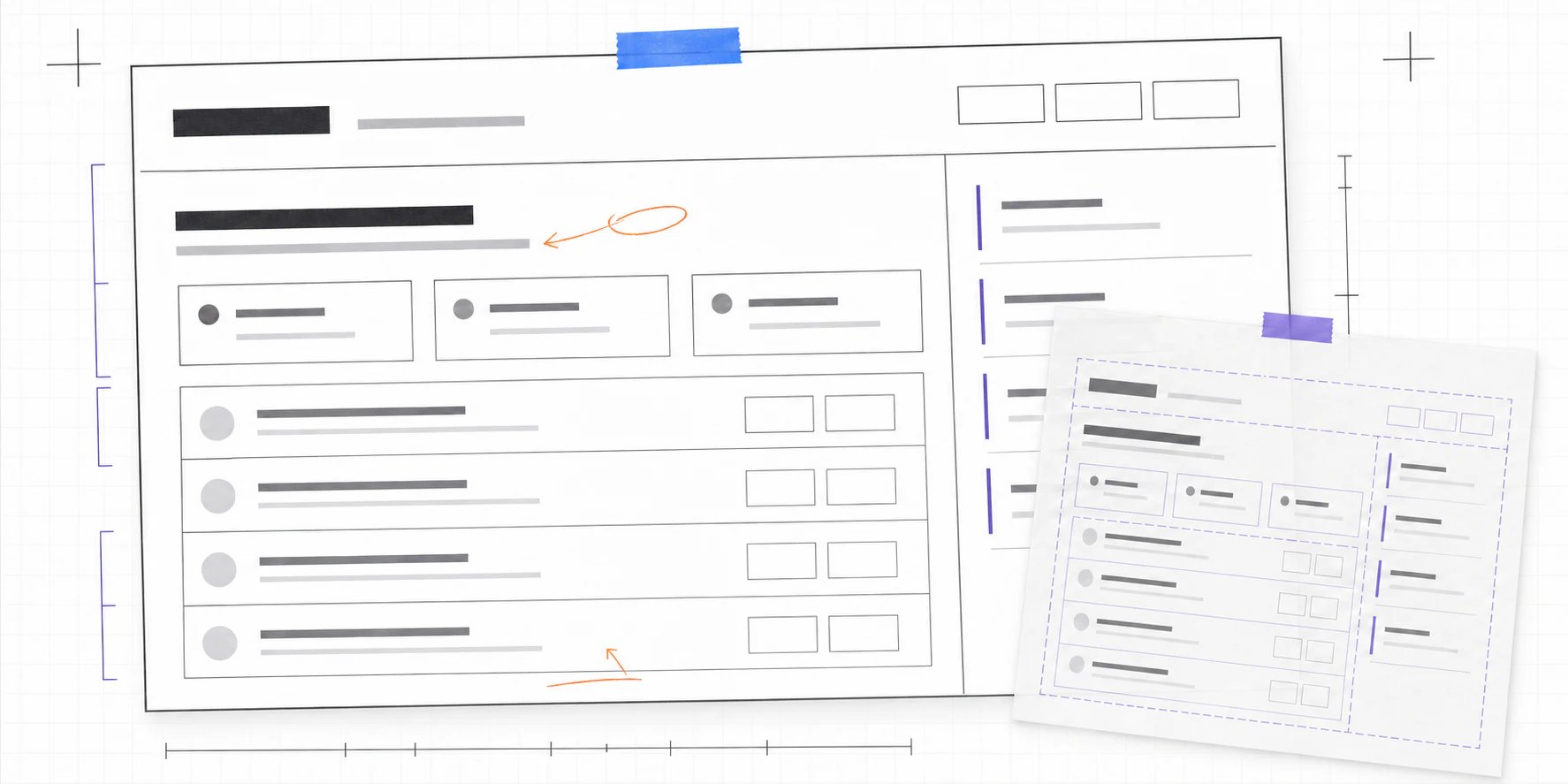 A low-fidelity release-readiness wireframe fills the frame while an offset tracing-paper layer isolates its header, summary blocks, evidence rows, and reviewer notes column. Measurement marks and sparse review strokes show that the structure is under review.