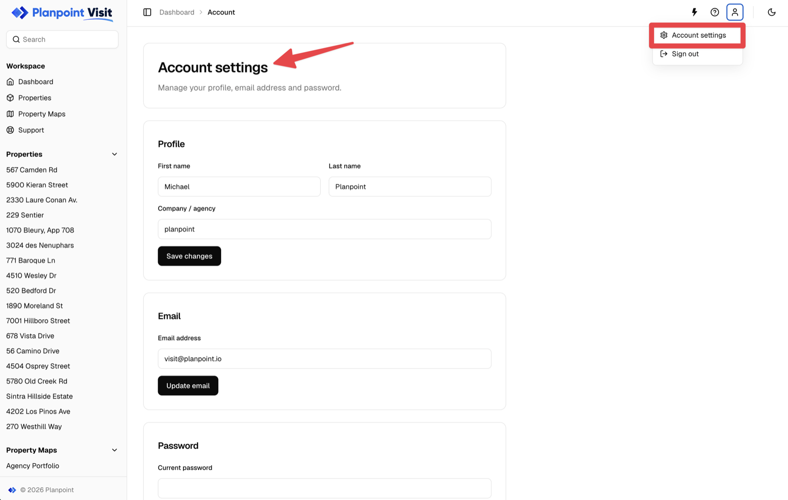Account settings page with profile, email and password sections