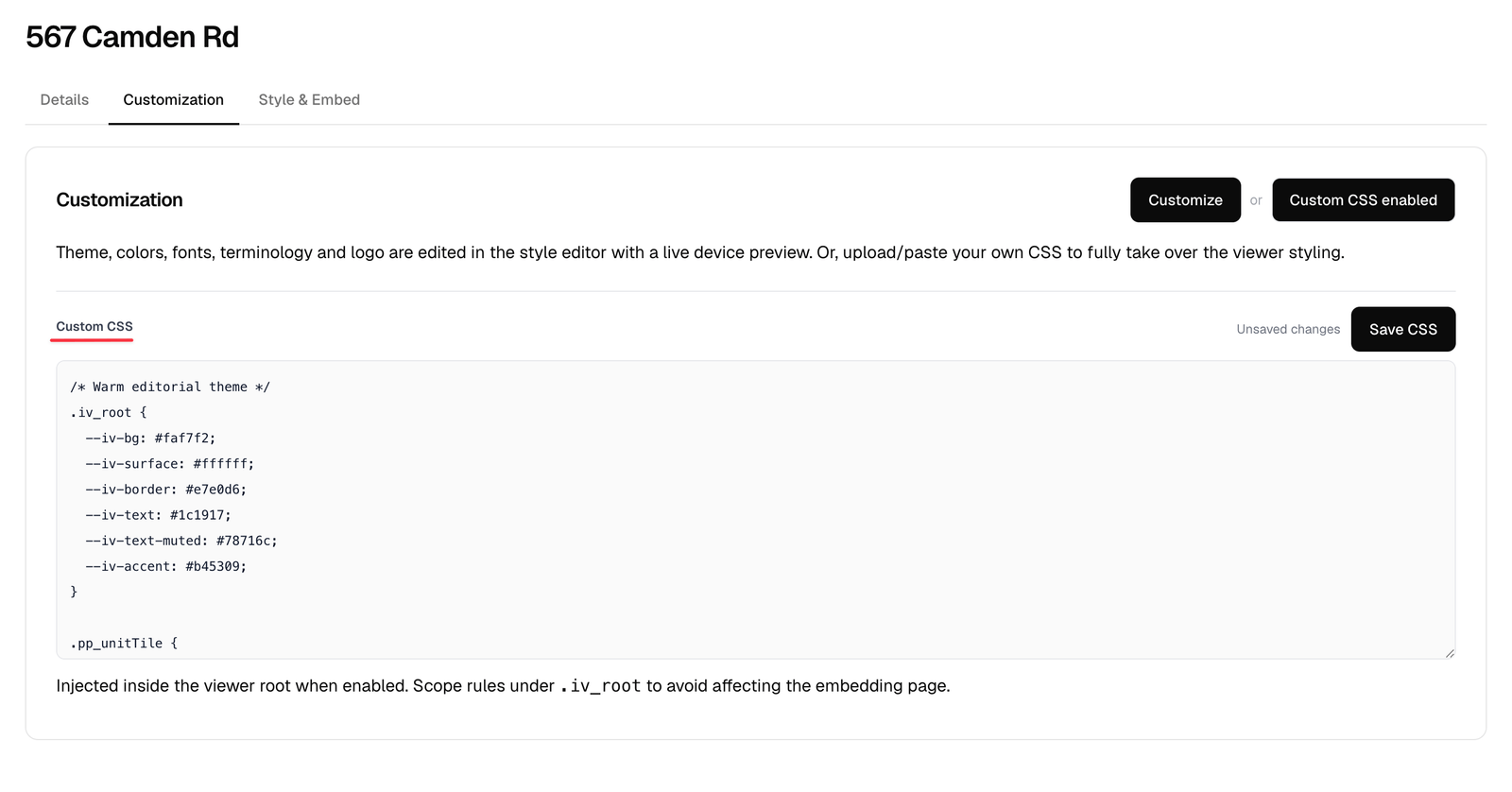 Custom CSS editor with rules typed in and the Save CSS button