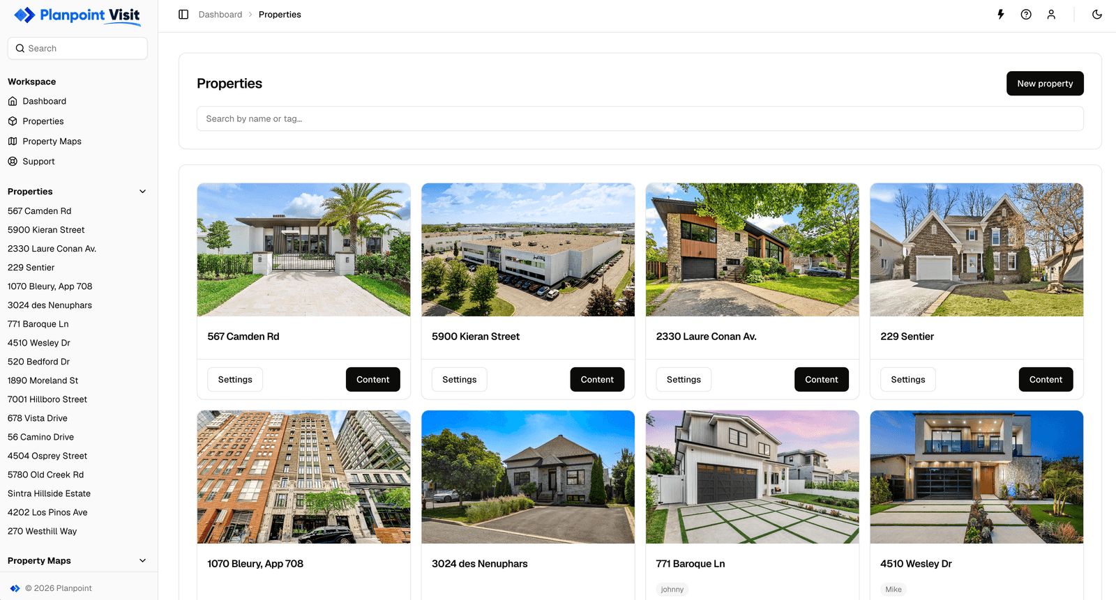 Planpoint Visit dashboard showing the sidebar and a grid of property cards