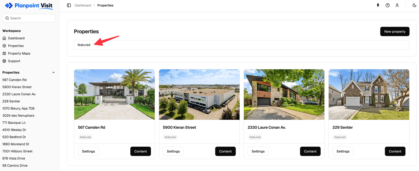 Properties page with a tag typed into the search field and filtered results