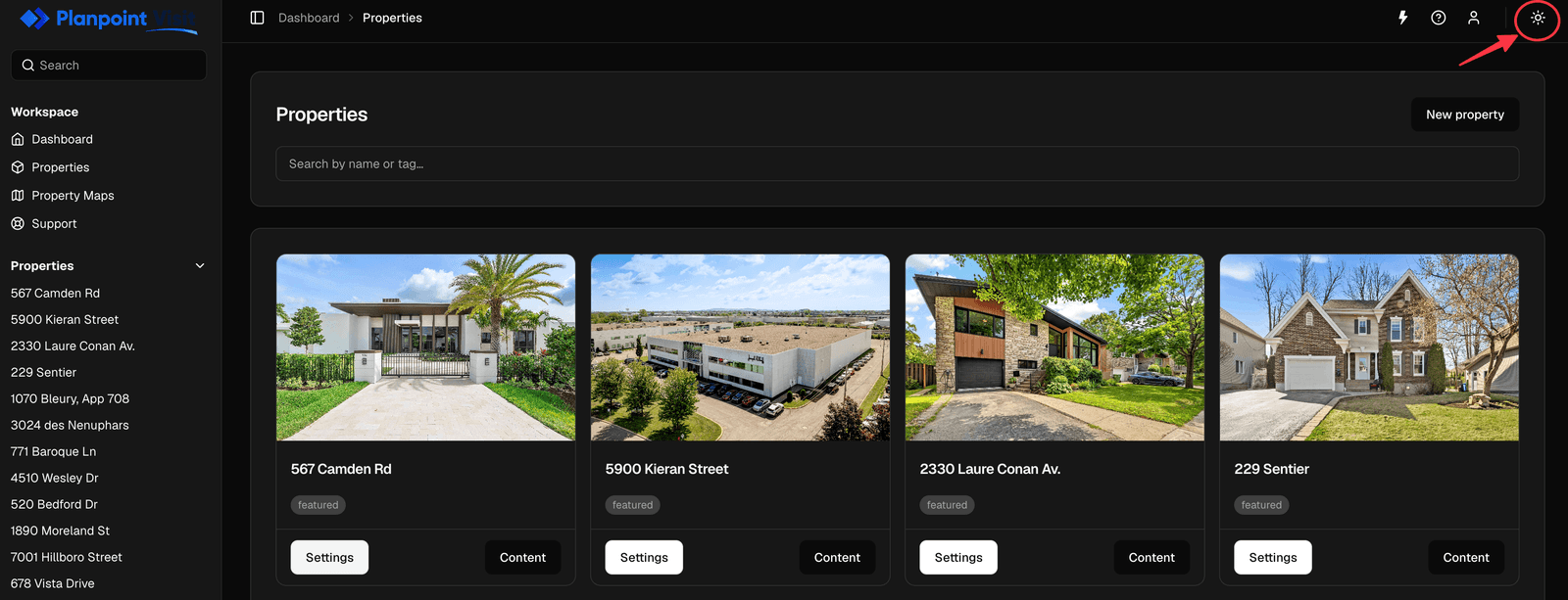 Dashboard top bar with the theme toggle and the open account menu