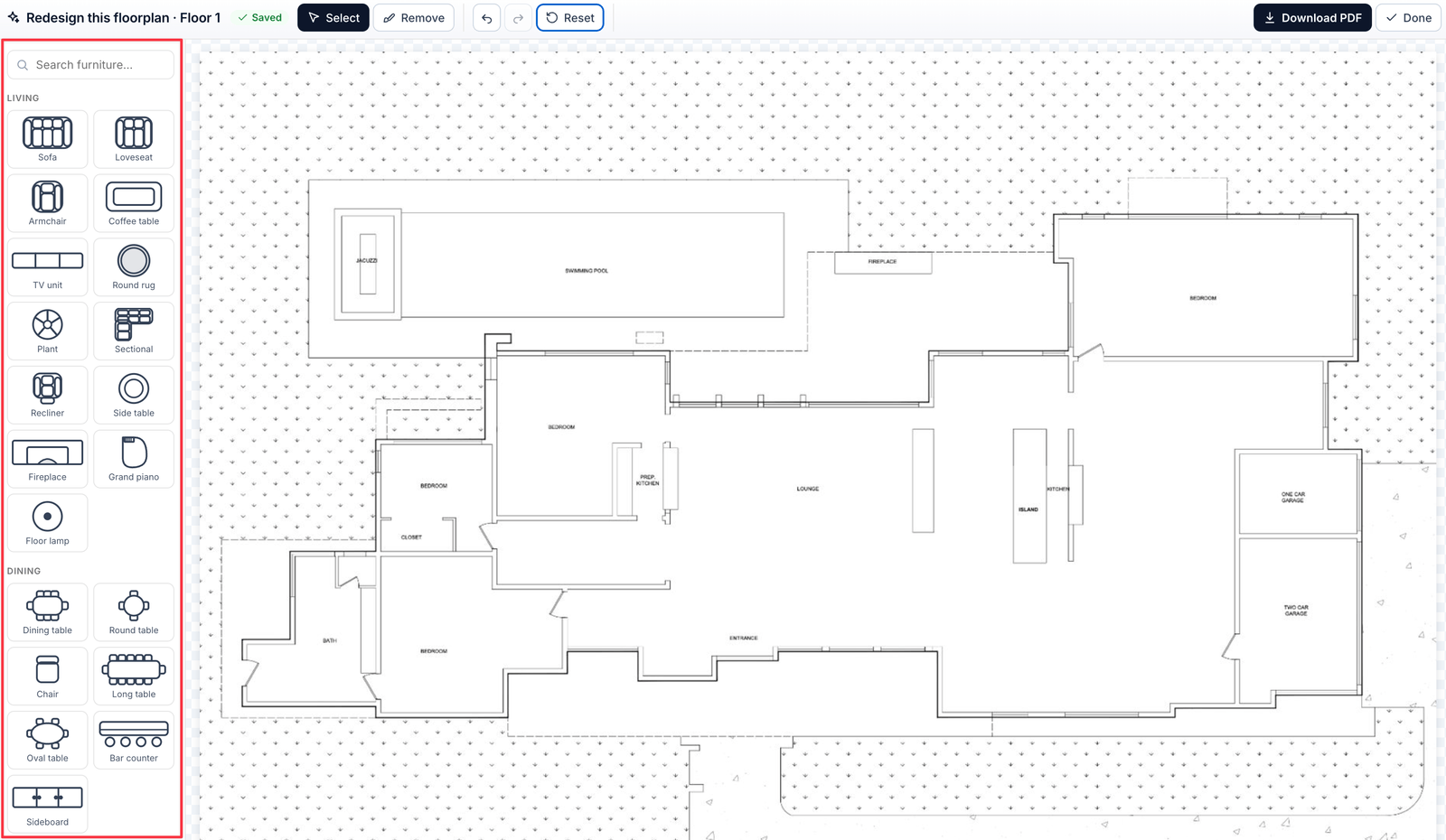 Buyer floor plan editor with a furniture catalogue and placed items