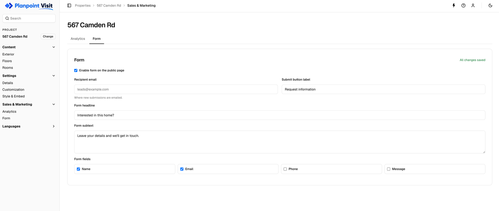 Form settings with recipient email, headline, subtext and field toggles
