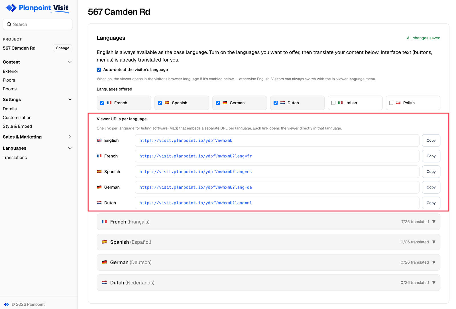 Per-language viewer URLs with flags and copy buttons