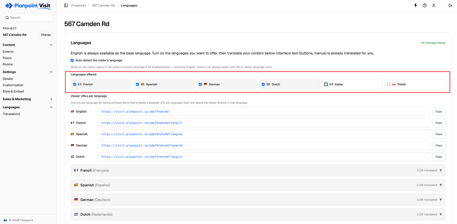 Languages offered grid with flags and checkboxes