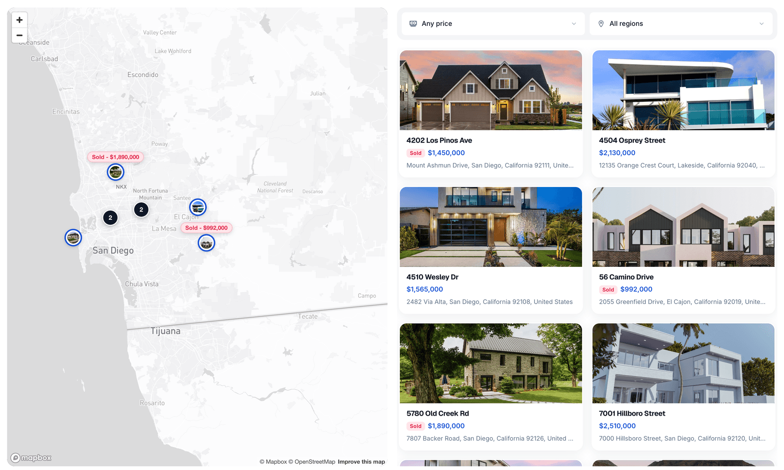 Property map with markers and a list of property cards