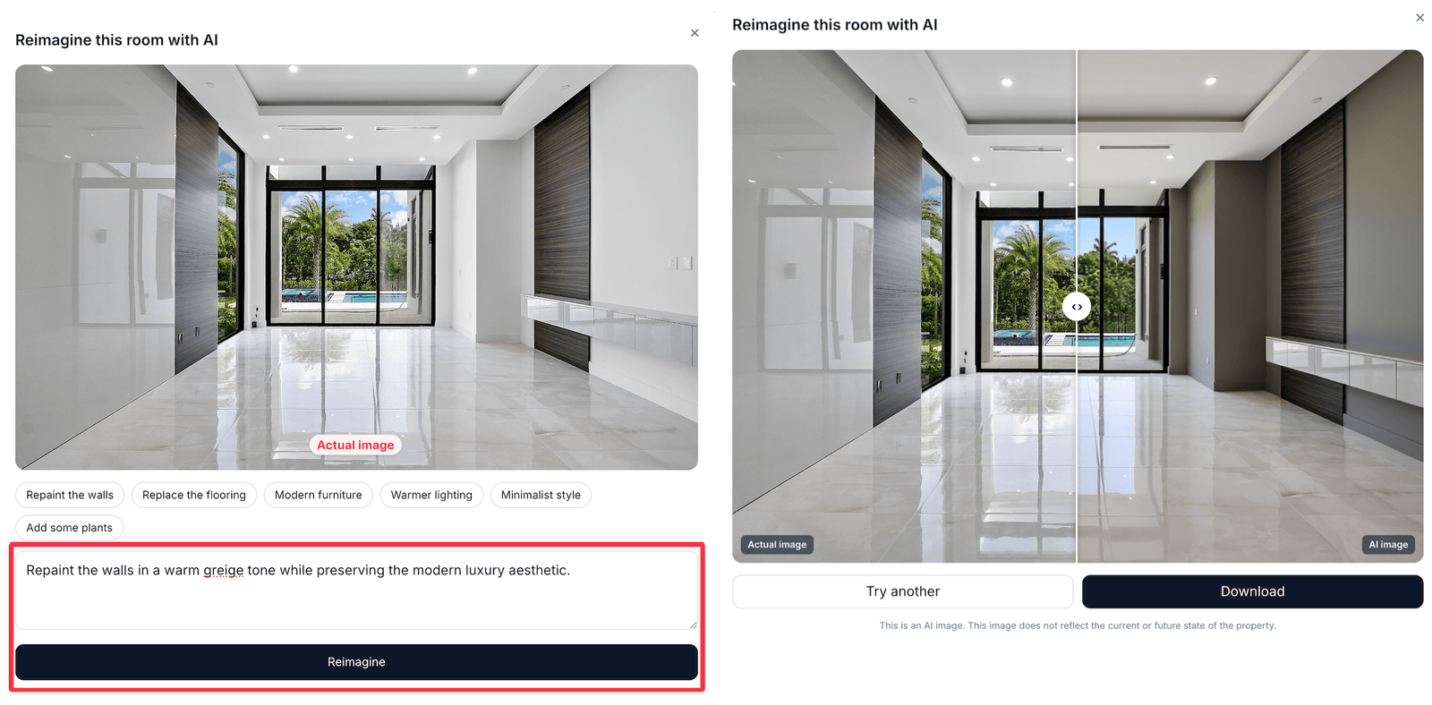 AI Reimagine dialog with a prompt input and suggested style badges
