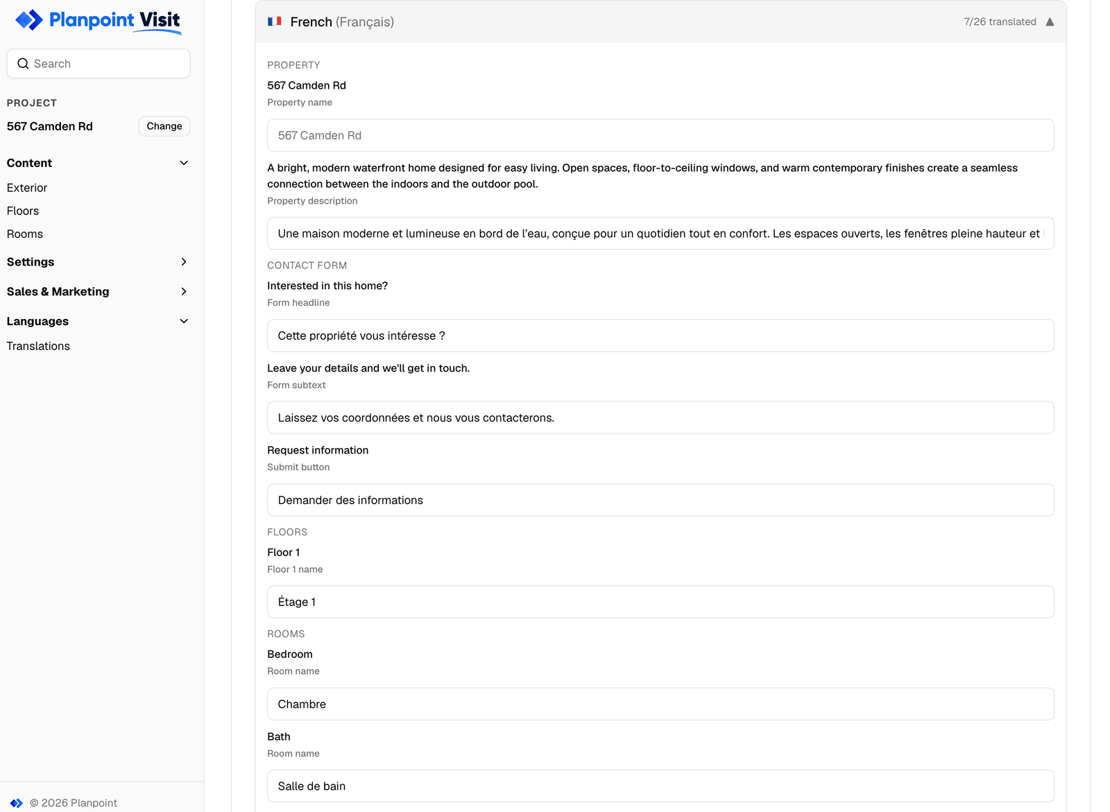 Expanded French panel showing English source text next to translation fields