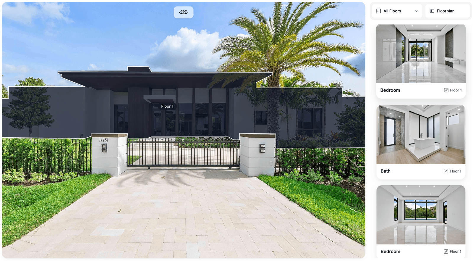 Planpoint Visit viewer showing an exterior photo with floor outlines and a room list