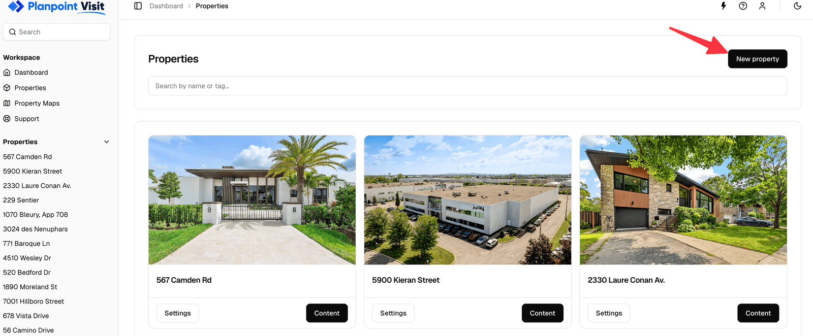 Properties list with the New property button in the top-right