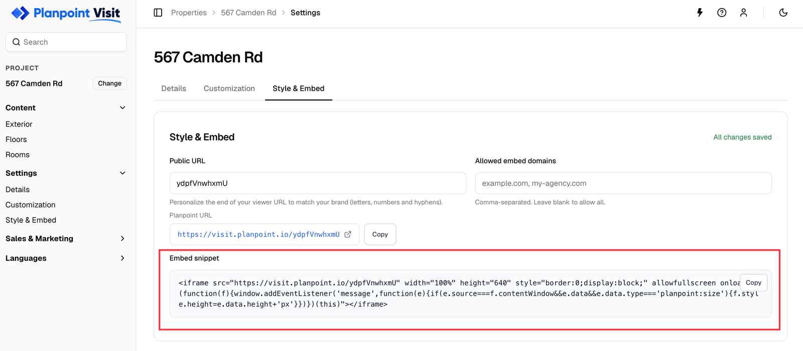 Embed snippet code block with a copy button