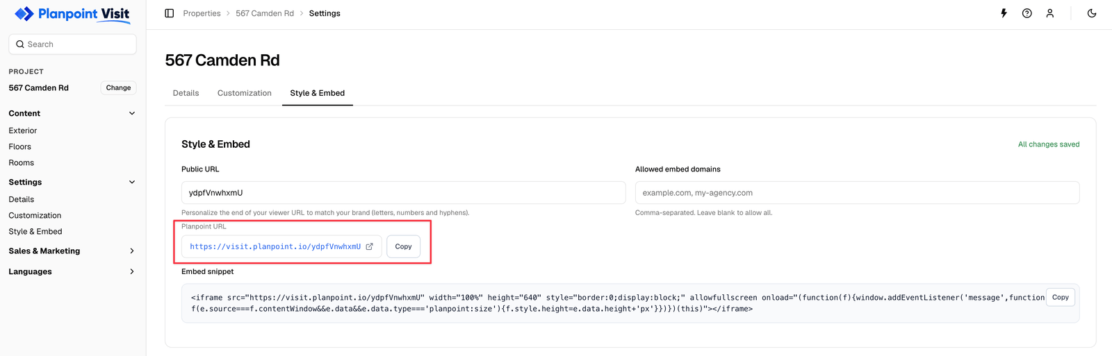 Style and Embed settings showing the public URL with Open and Copy buttons
