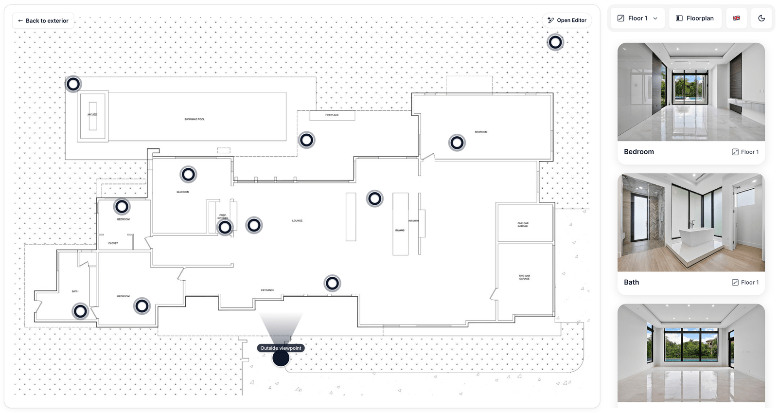Viewer floor plan with viewpoint markers and the top-right toolbar