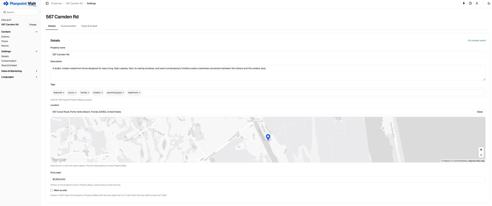 The property details form with name, description, tags, location and price label