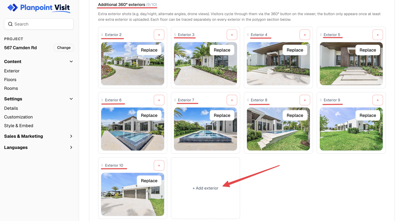Grid of additional exterior images with the add button and counter