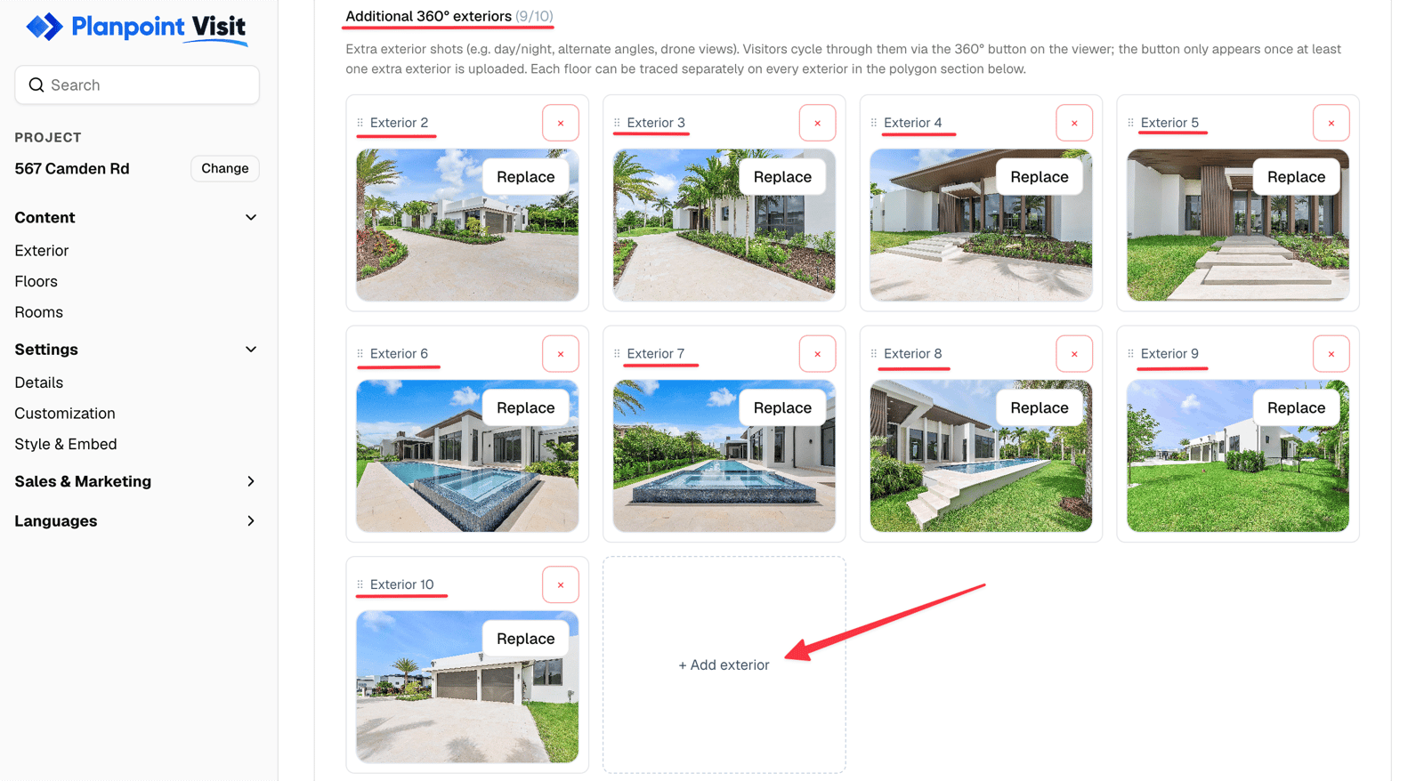 Grid of additional exterior images with the add button and counter