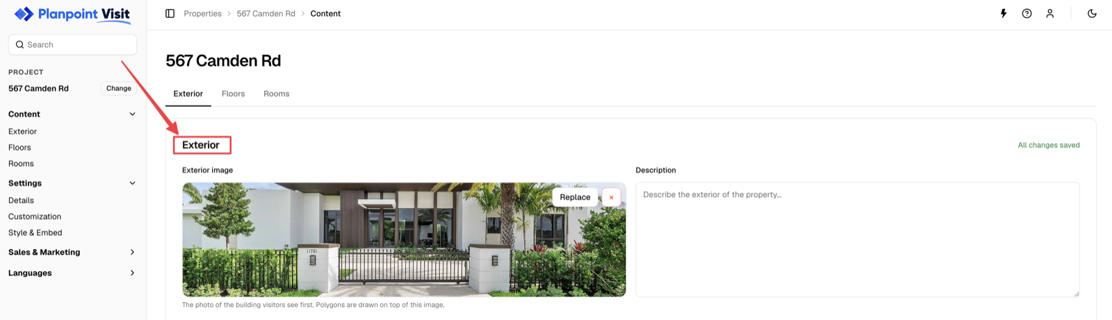 The exterior image upload field with a house photo loaded