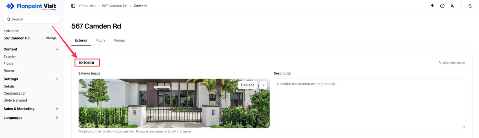 The exterior image upload field with a house photo loaded
