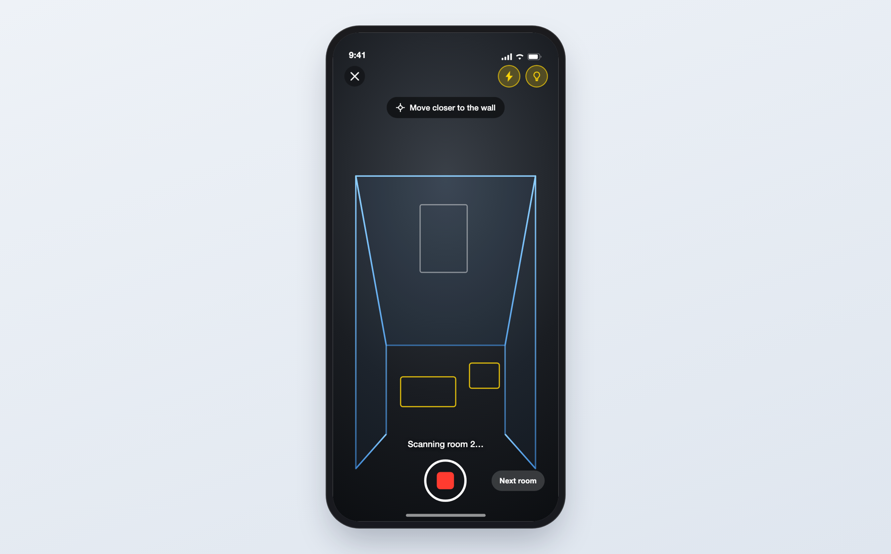 Planpoint Floorplan Scanner capture screen with the live 3D outline of a room