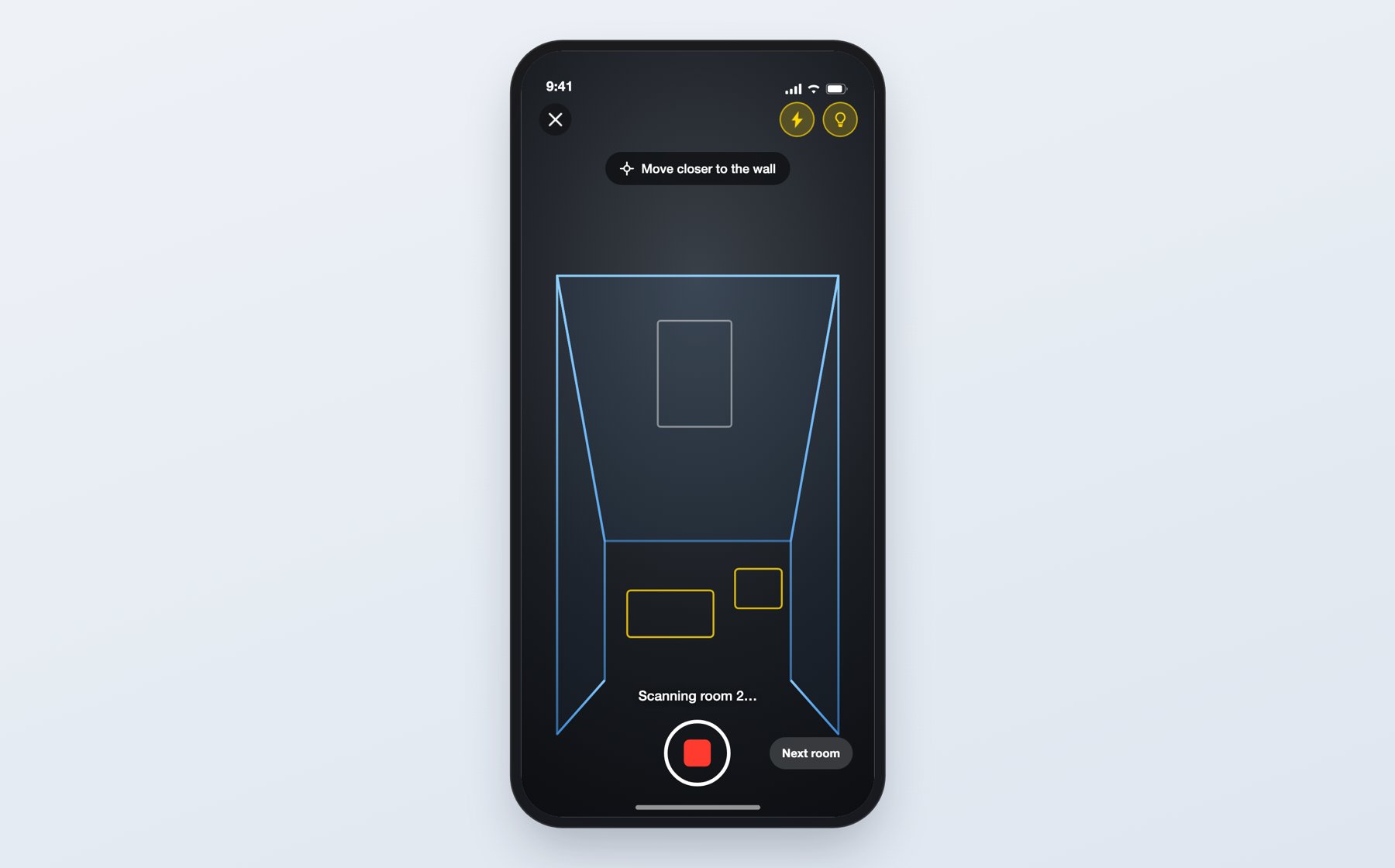 Planpoint Floorplan Scanner capture screen with the live 3D outline of a room
