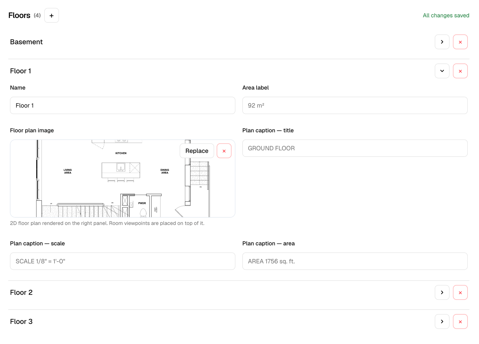 Floors list with one floor expanded showing its fields