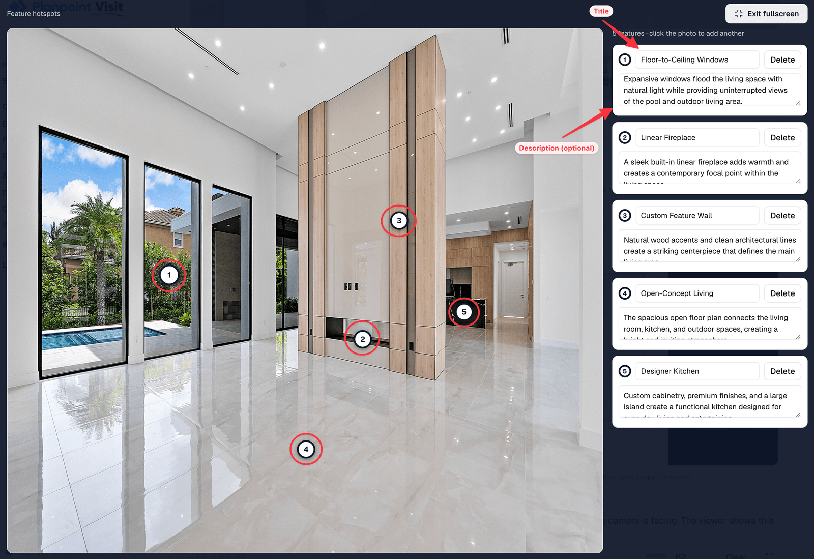 Hotspot editor with numbered pins on a kitchen photo and the matching list of fields