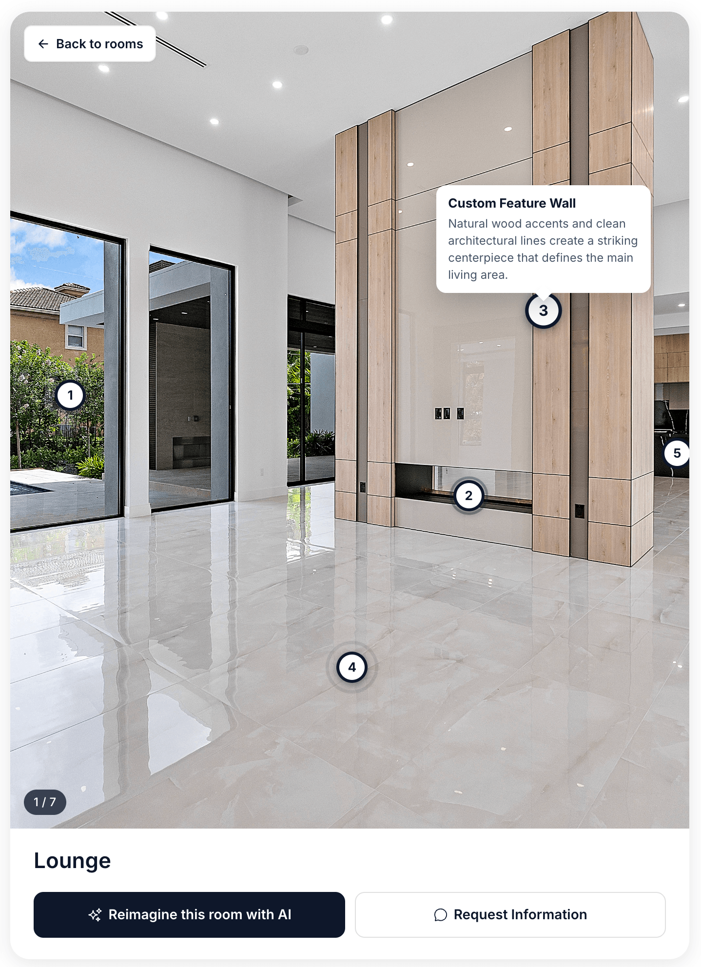 Room photo with feature hotspot pins and one open information card