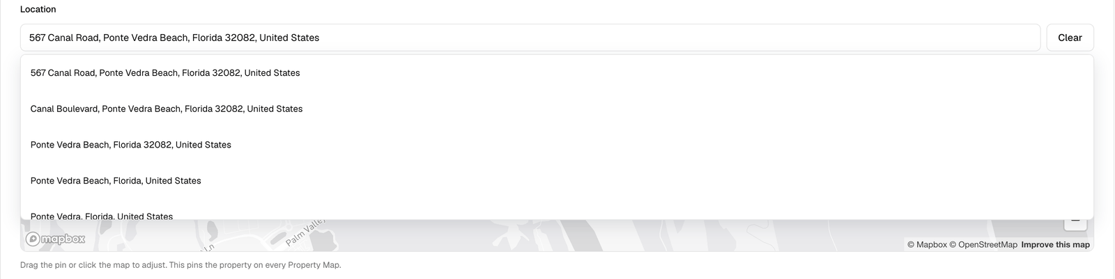 Location picker showing address autocomplete and a map with a marker