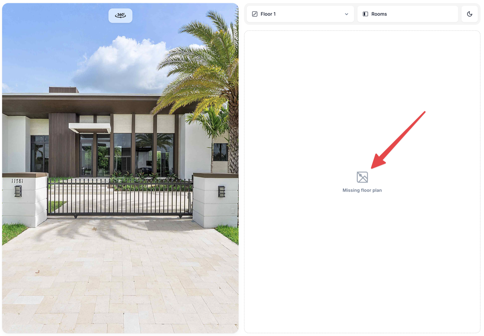 Viewer showing a dashed placeholder reading Missing floor plan