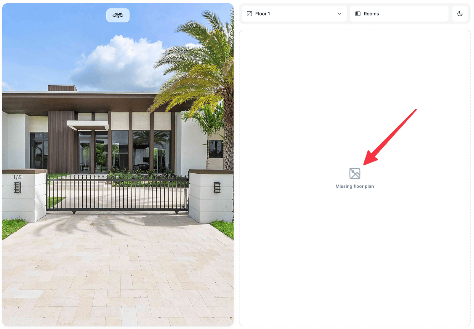 Viewer showing a dashed placeholder reading Missing floor plan