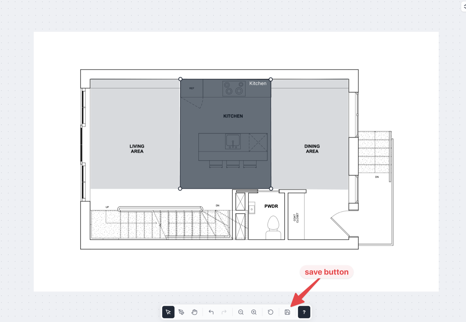 Room polygon editor with the active room highlighted and neighbouring rooms shown faintly