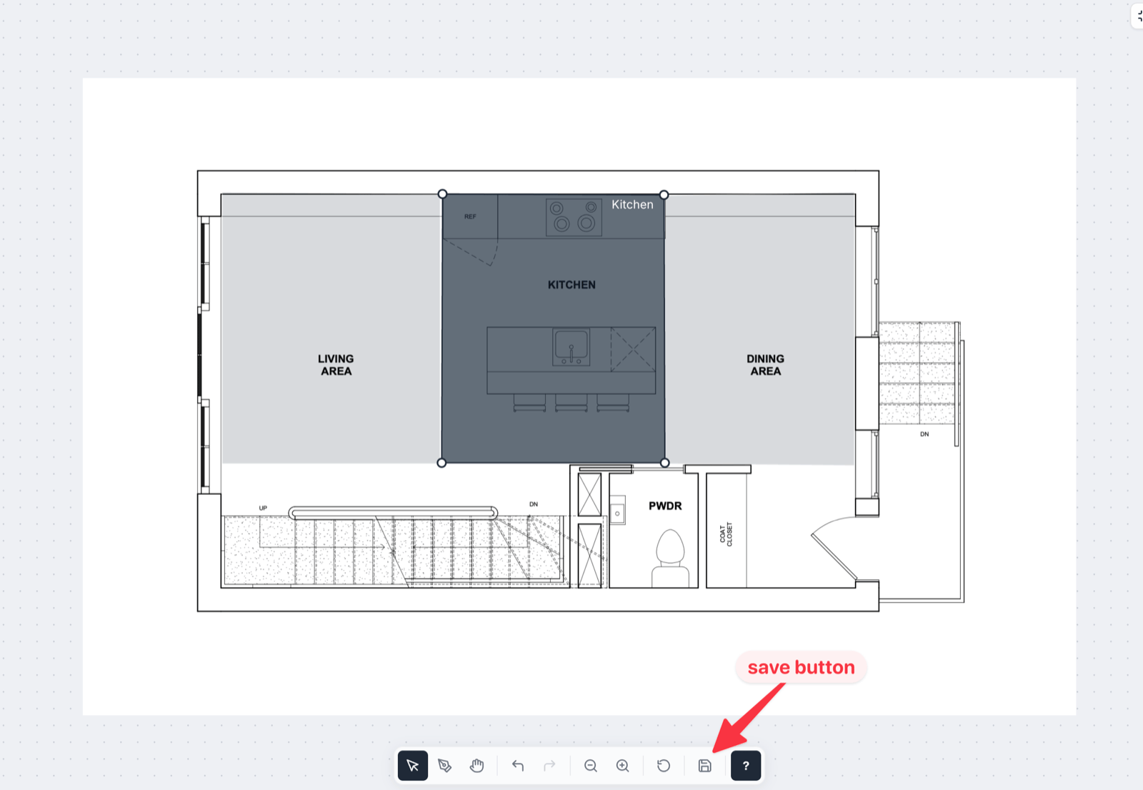 Room polygon editor with the active room highlighted and neighbouring rooms shown faintly