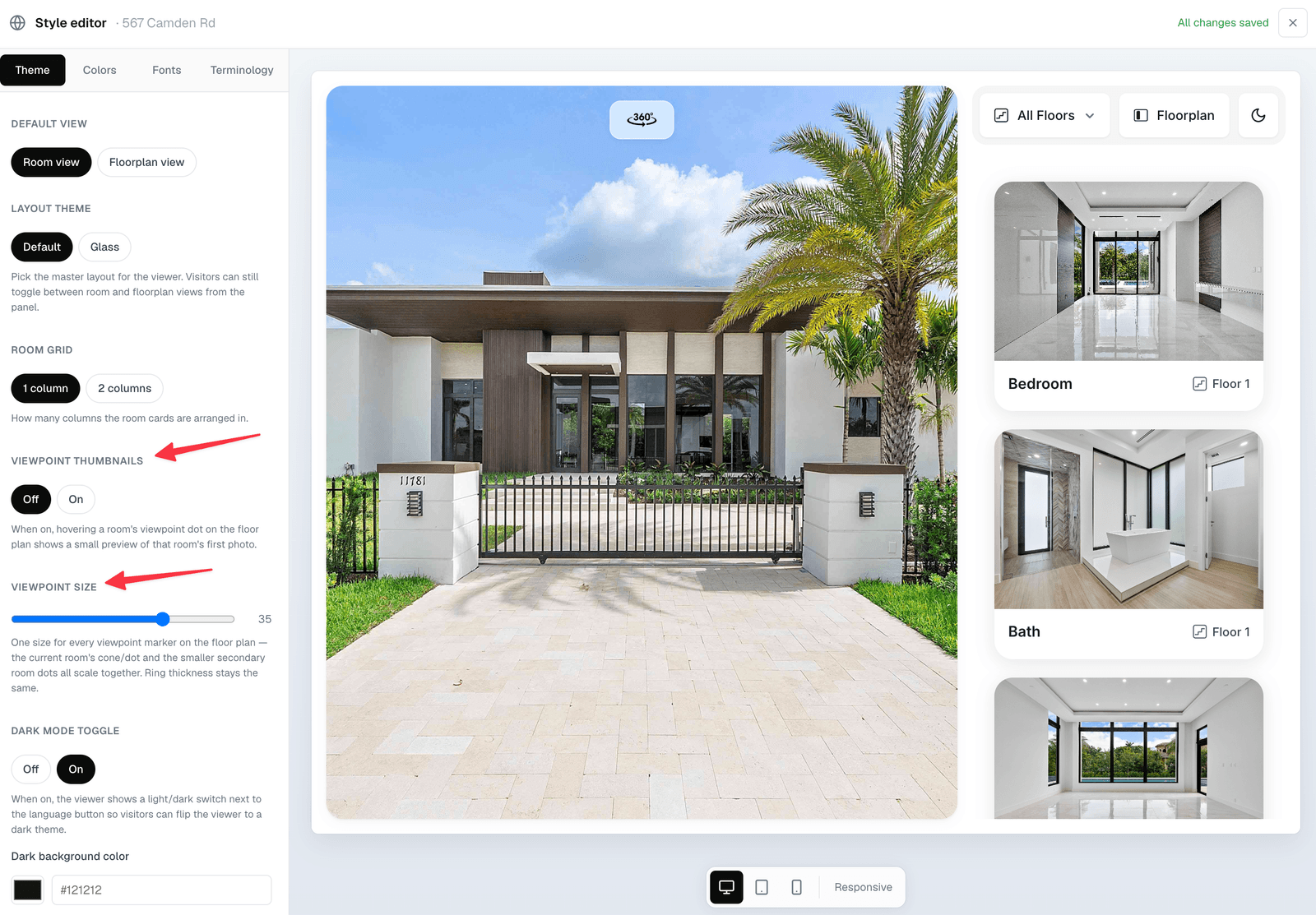 Floor plan with a photo thumbnail popped above a viewpoint marker