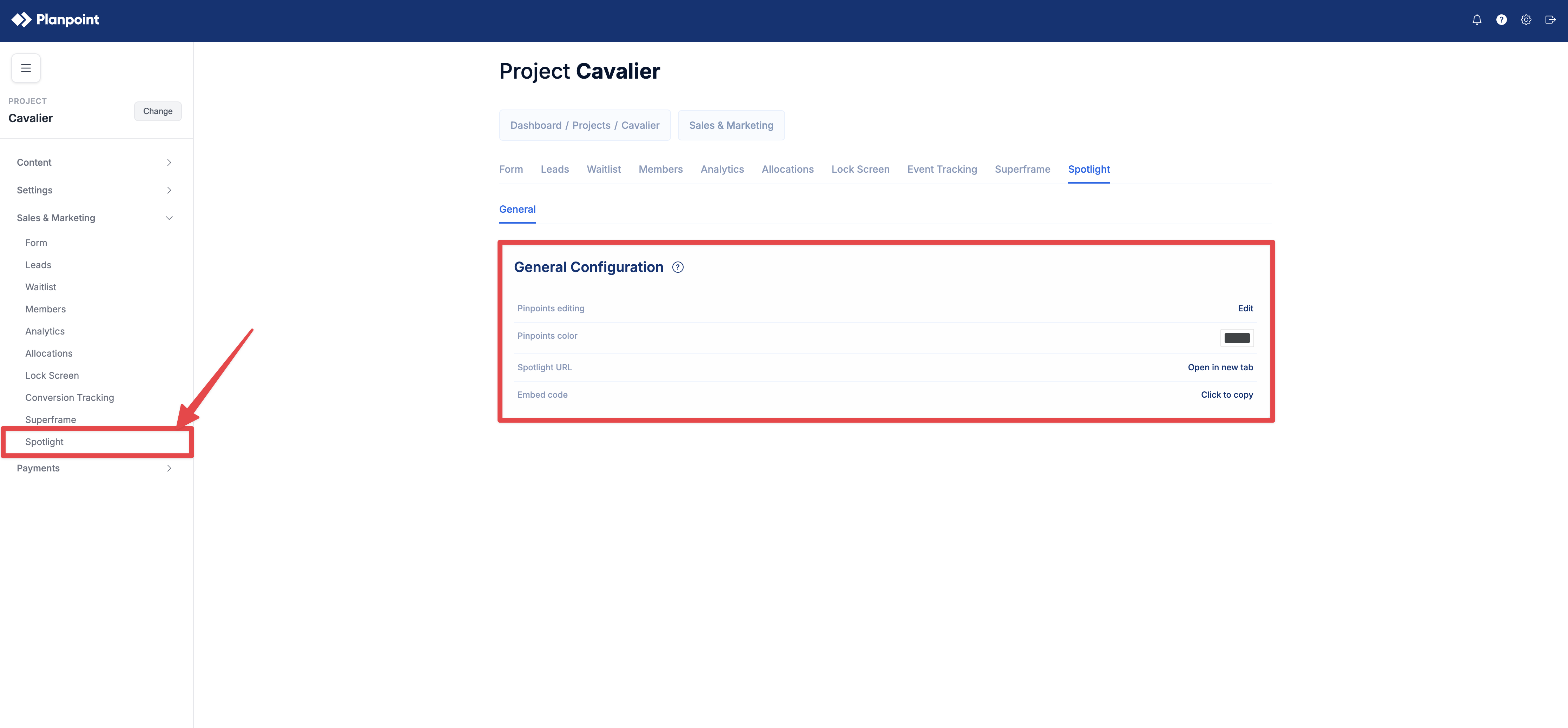 Spotlight General configuration with Pinpoints editing, Pinpoints color, Spotlight URL, and Embed code