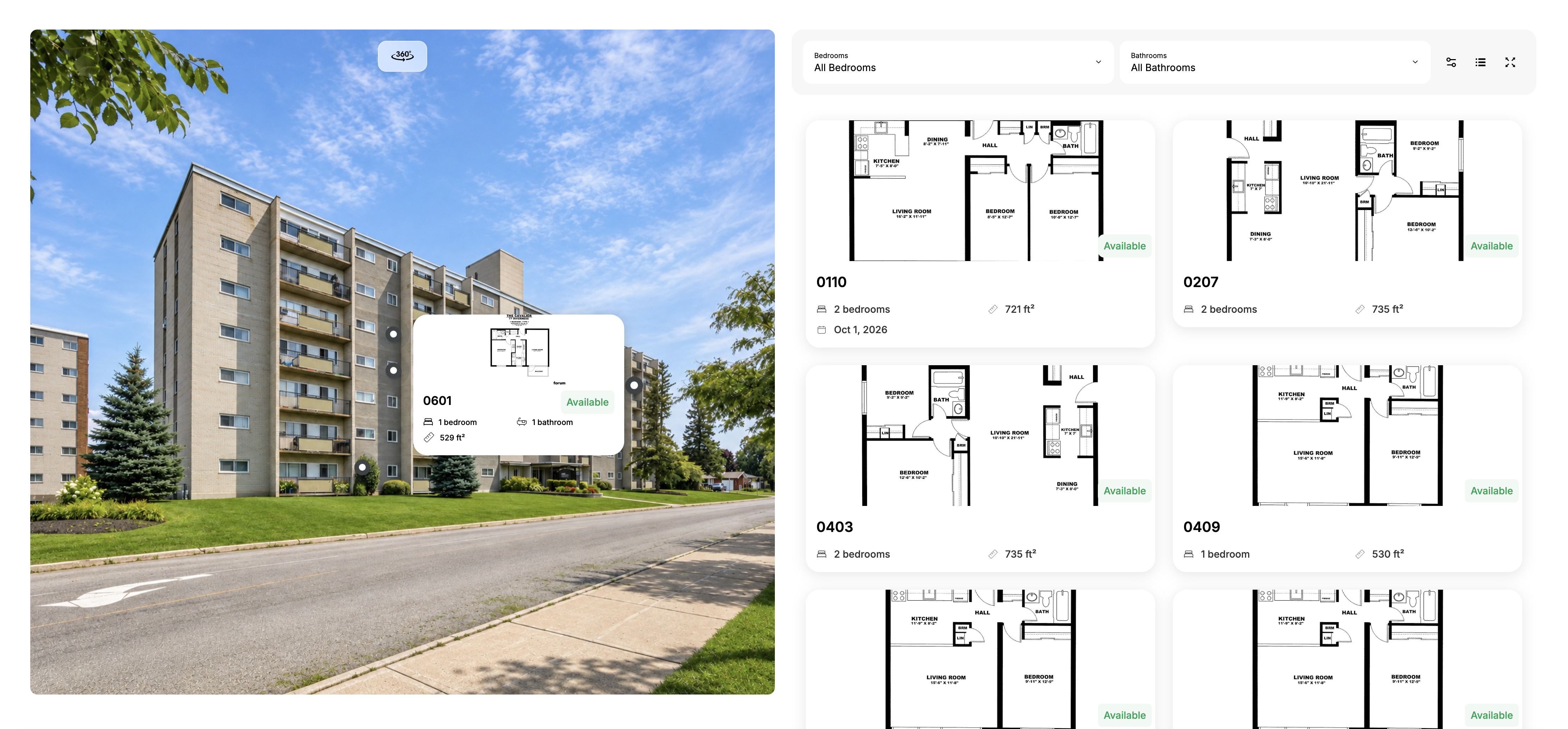 Desktop Spotlight viewer with an exterior image, unit pins, filters, and inventory cards