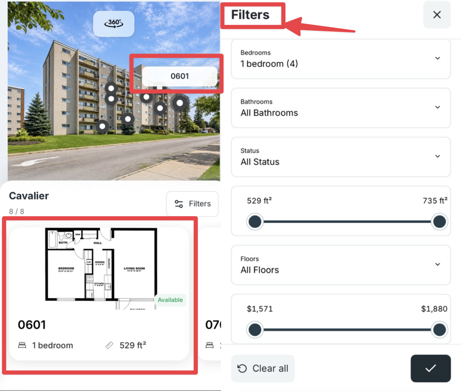 Mobile Spotlight viewer with a selected pin, unit card, and open Filters sheet