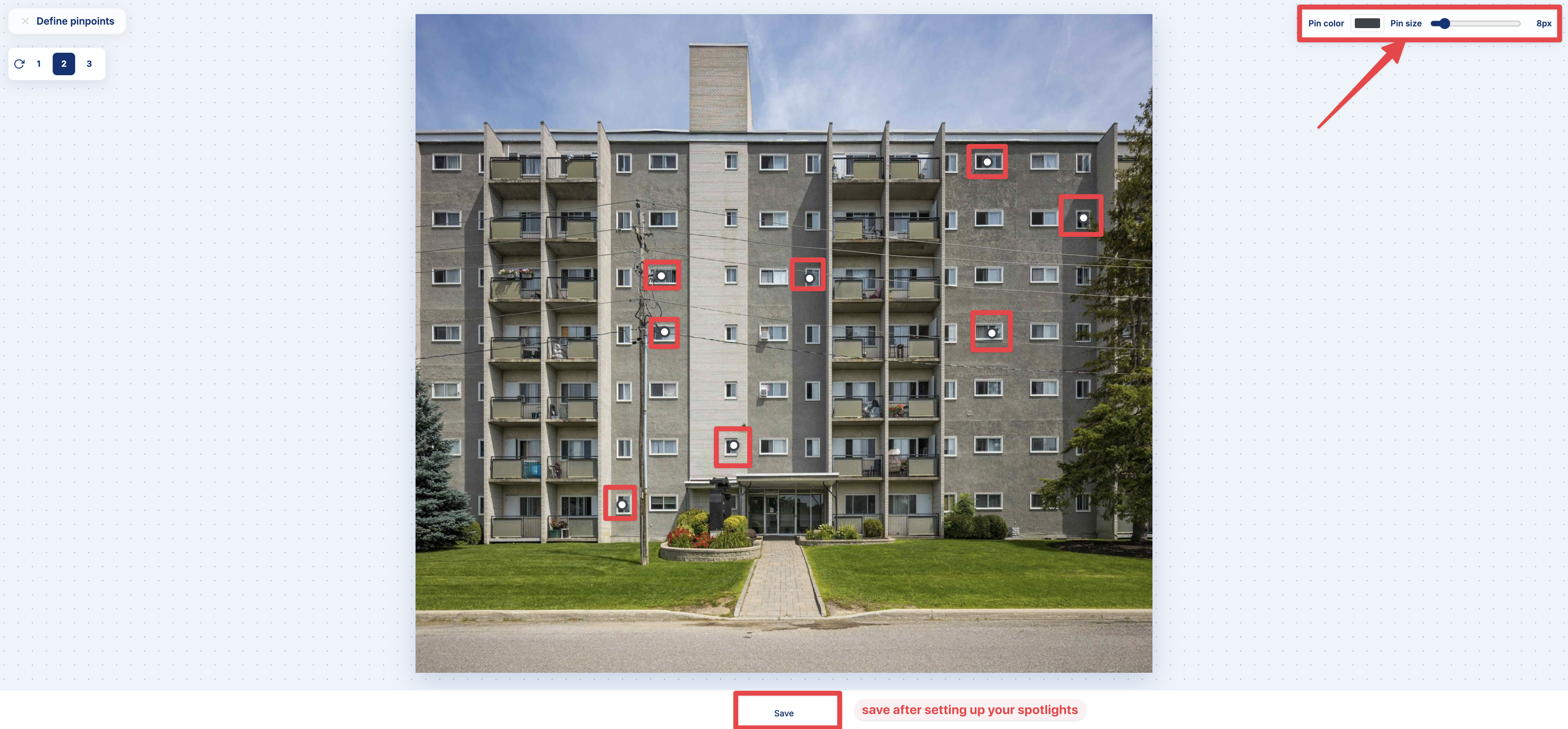 Spotlight pin editor with exterior selectors, pins, Pin color, Pin size, and Save