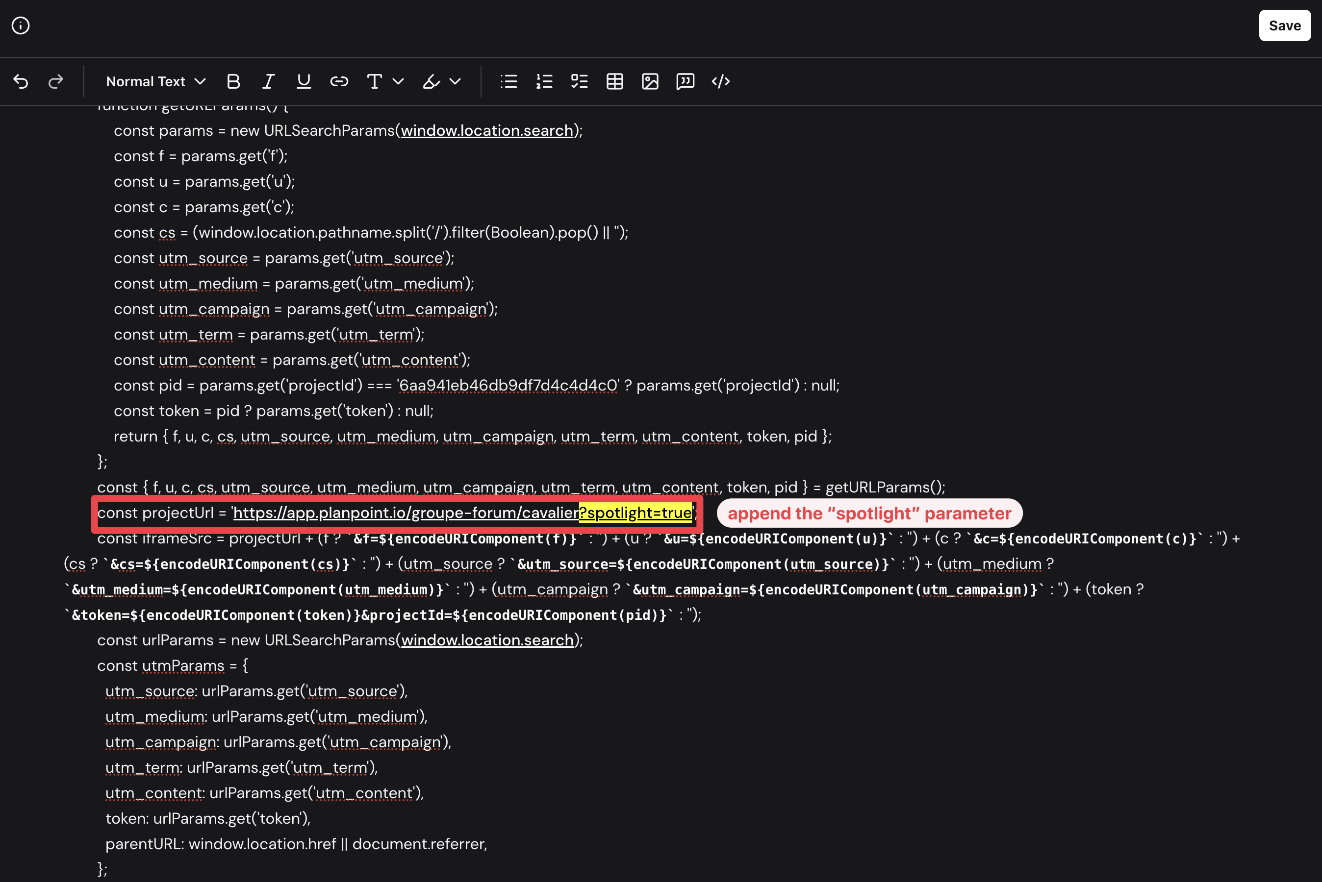 Code editor showing a Planpoint viewer URL with the spotlight=true parameter