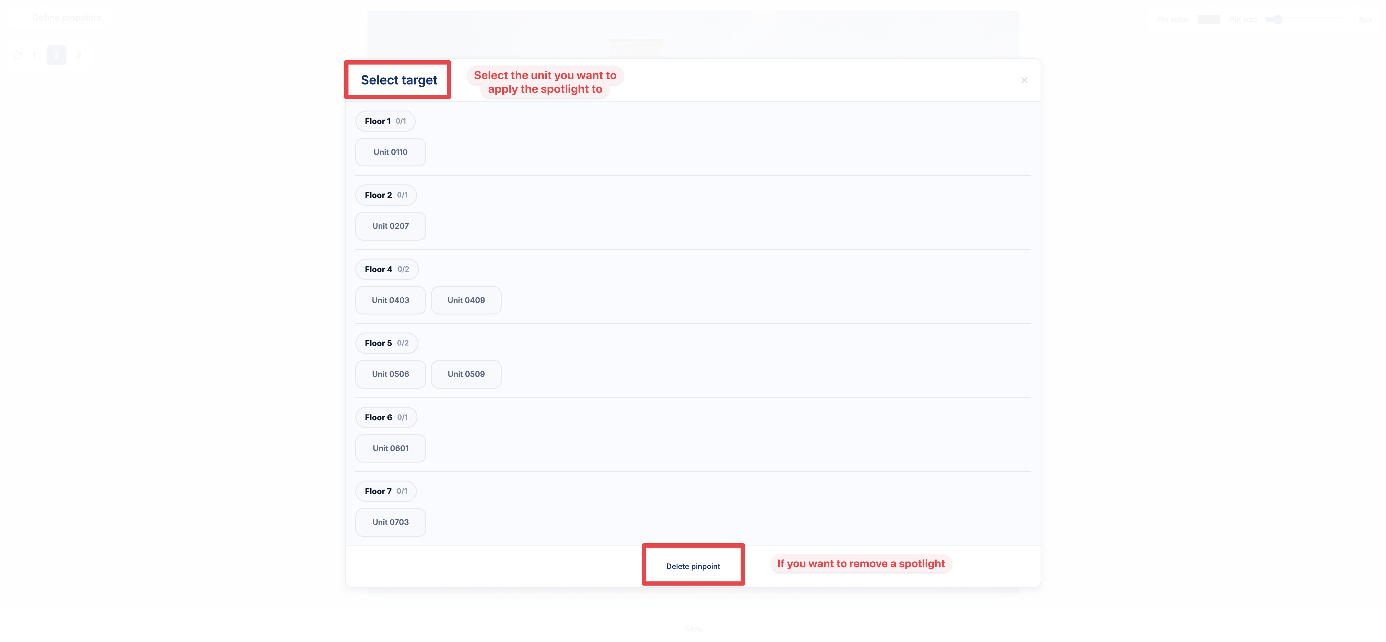 Spotlight target picker showing floors, units, and the Delete pinpoint action