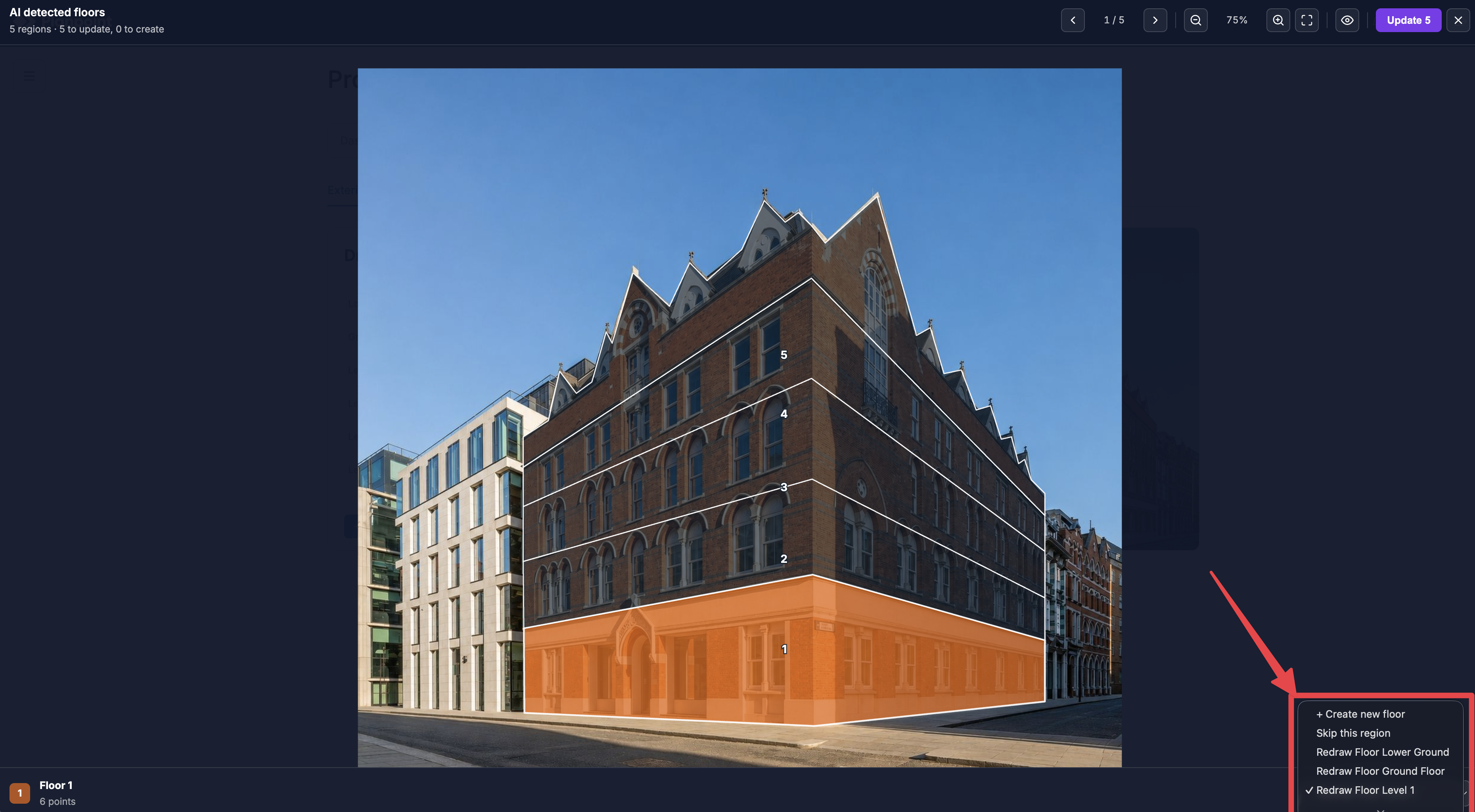 AI exterior detection review showing numbered floor outlines over a building and controls to create, skip, or assign each detected region