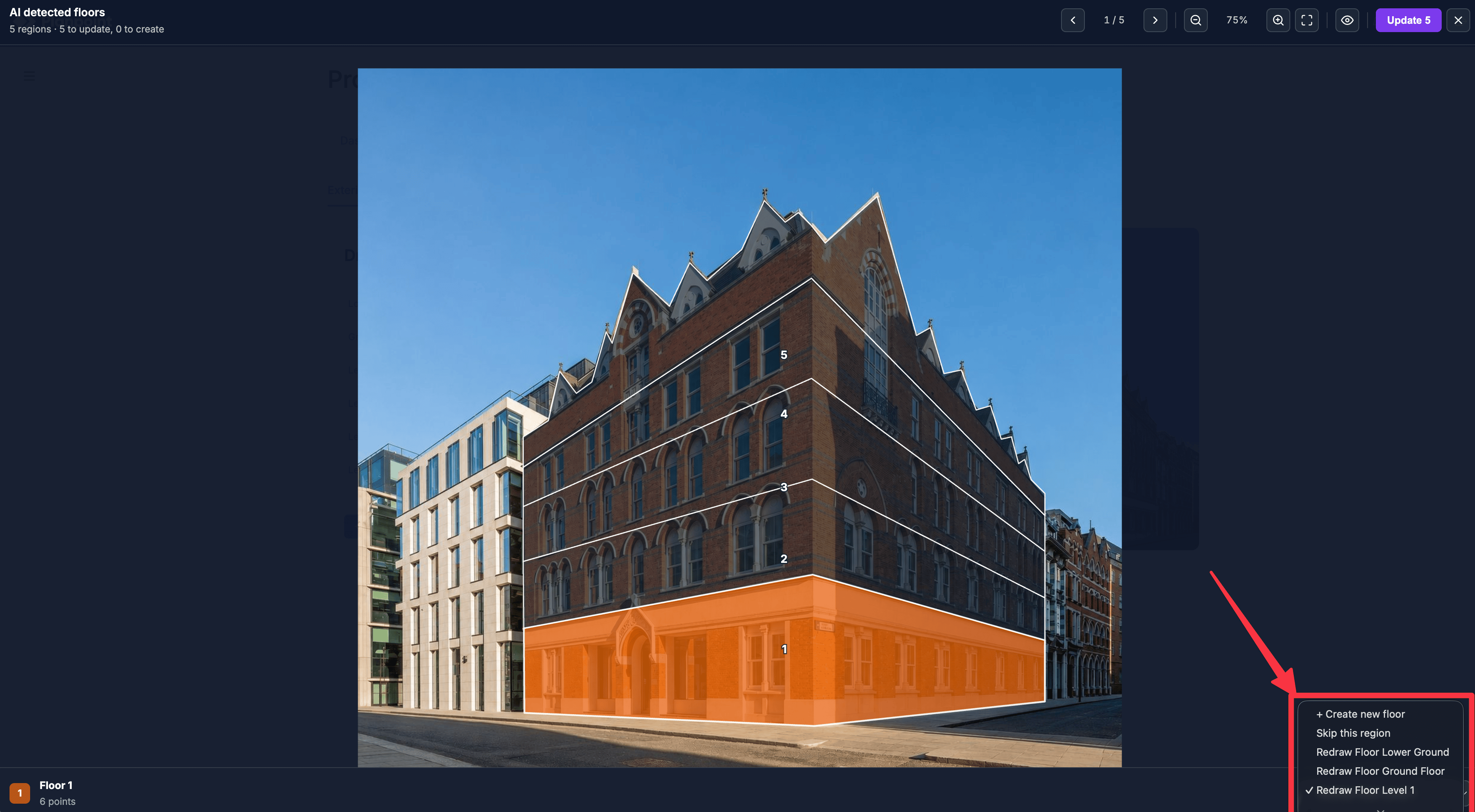 AI exterior detection review showing numbered floor outlines over a building and controls to create, skip, or assign each detected region