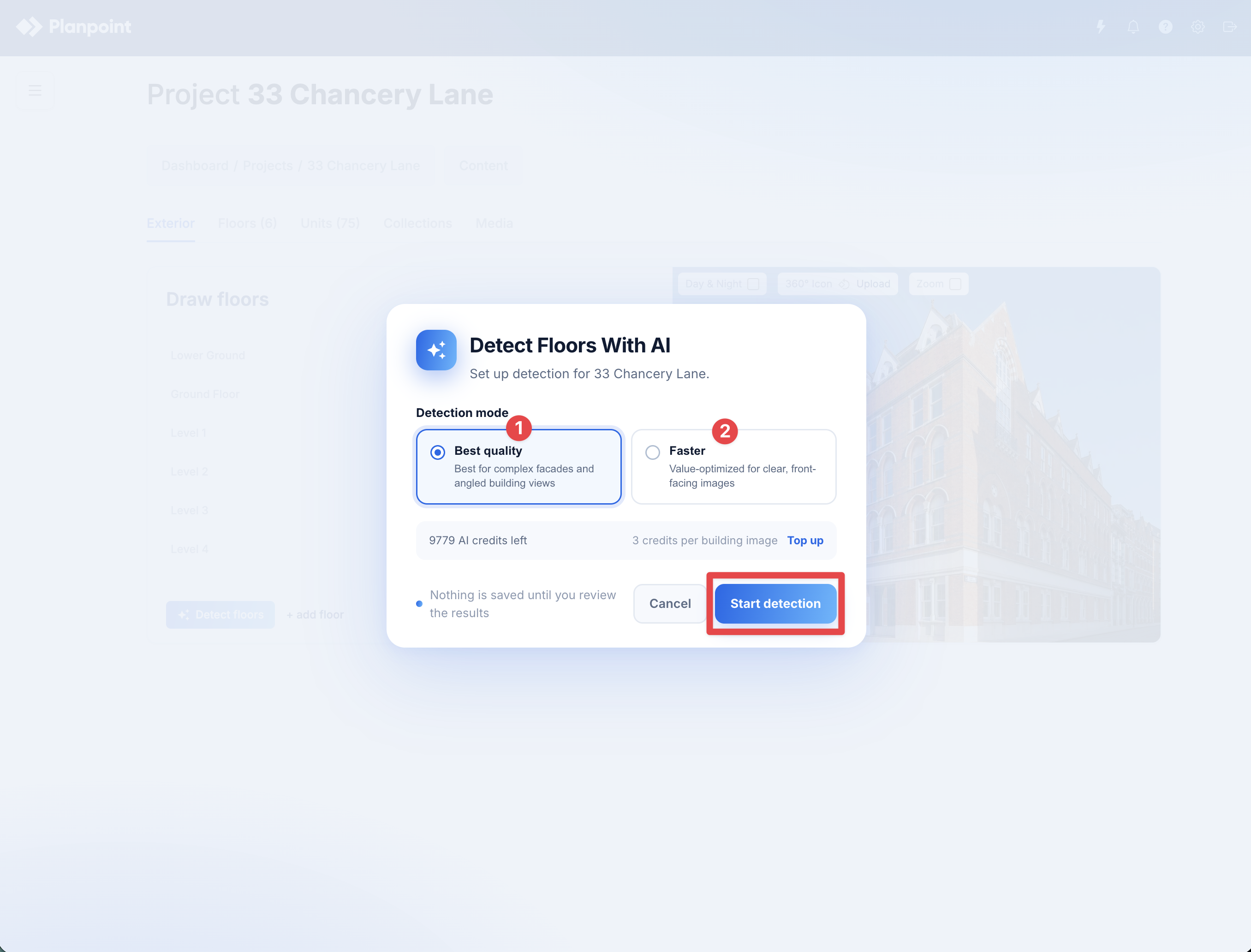 Detect Floors With AI setup showing Best quality and Faster modes, the selected mode cost, credit balance, and Start detection button