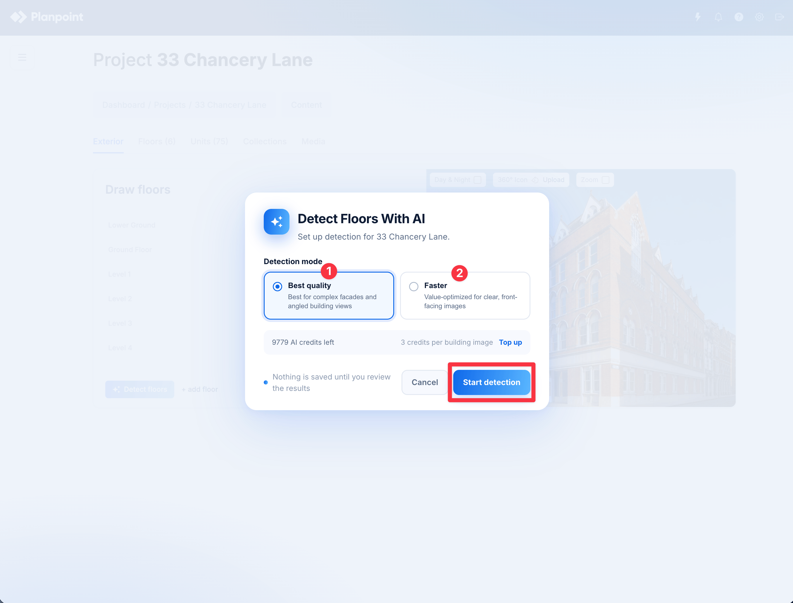 Detect Floors With AI setup showing Best quality and Faster modes, the selected mode cost, credit balance, and Start detection button